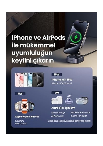 Magflow Qi2 Sertifikalı 15W 2&apos;si 1 Arada Katlanabilir Şarj Istasyonuşarj 16,16 Pro,16 Pro Max,15,14,13, Için Şarj Cihazı ile Uyumlu, Bekleme Işlevini Destekler fiyatları