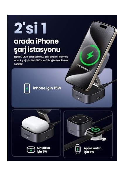 Magflow Qi2 Sertifikalı 15W 2&apos;si 1 Arada Katlanabilir Şarj Istasyonuşarj 16,16 Pro,16 Pro Max,15,14,13, Için Şarj Cihazı ile Uyumlu, Bekleme Işlevini Destekler modelleri