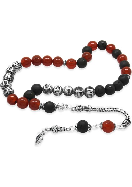 925 Ayar Gümüş Püsküllü Küre Kesim Isme Özel Kırmızı Siyah Oniks Akik Doğaltaş Taraftar Tesbih