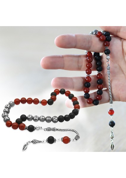 925 Ayar Gümüş Püsküllü Küre Kesim Isme Özel Kırmızı Siyah Oniks Akik Doğaltaş Taraftar Tesbih fiyatları