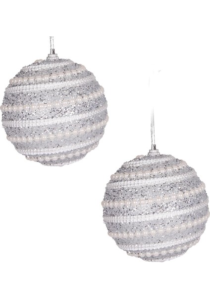 Yılbaşı Topu 2&apos;li Paket Simli Şerit Boncuk Figürlü Gümüş 9 Cm.