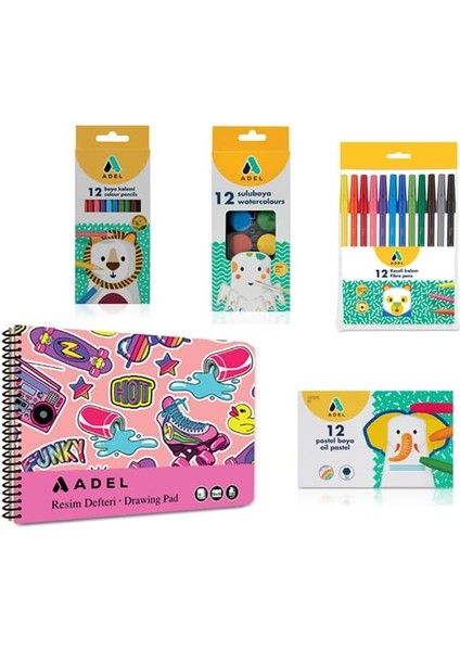 4’lü Seti + Resim Defteri 25X35, 12 Renk, Keçeli, Kuru,pastel ve Sulu, Fırça Dahil fiyatları