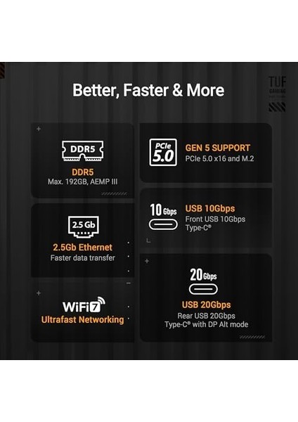 Tuf Gamıng B860M Plus Wıfı Intel Matx Anakart, 12+1+2+1 80A Drmos Güç Aşamaları, Ddr5, Pcıe 5.0, 3xm.2 Yuvaları, Wifi 7, 2.5gb Ethernet, Displayport, Hdmı, Dp Alt Modlu USB 20GBPS Tip-C fiyatları