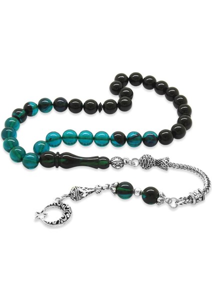 Kararmaz Metal Ayyıldız Püsküllü Küre Kesim Süzme Turkuaz-Siyah Ateş Kehribar Tesbih