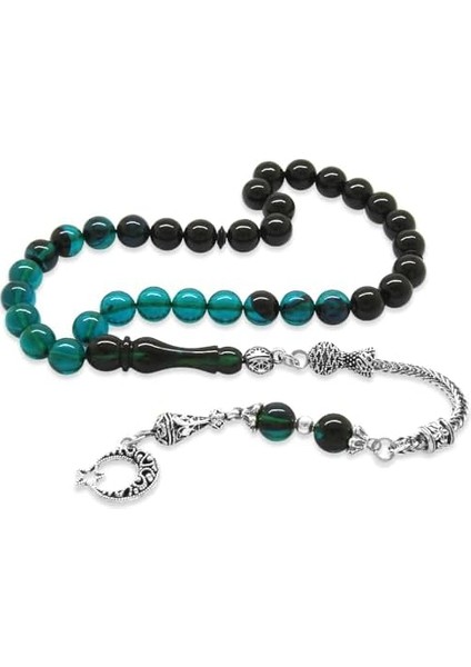 Kararmaz Metal Ayyıldız Püsküllü Küre Kesim Süzme Turkuaz-Siyah Ateş Kehribar Tesbih fiyatları