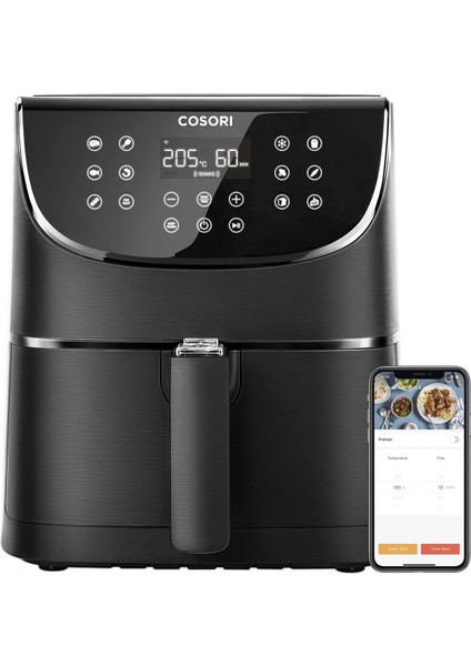 Akıllı Wifi Hava Fritözü 5.5 Litre Air Fryer Xxl, Kare ve Basket, 13 Fonksiyon, 100&APOS;DEN Fazla Tarif ve 11 Ön Ayar, Bulaşık Makinesinde Yıkanabilir, Siyah