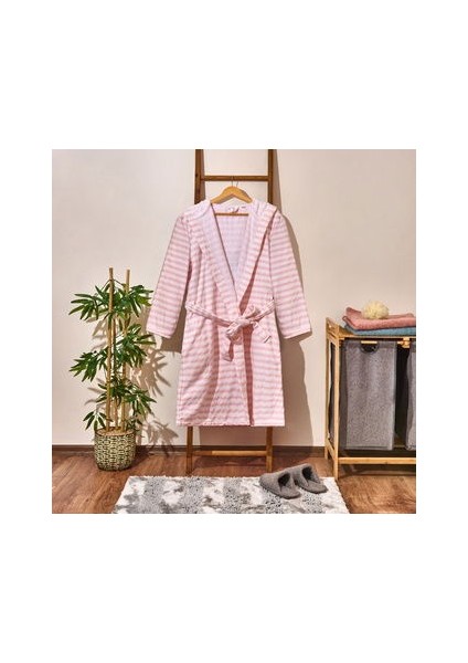 Soft Kapüşonlu Çizgili Kadın Bornoz - Beyaz / Pembe - L / Xl
