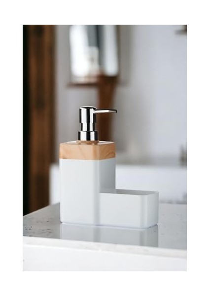 Bambu Desen Kapaklı Hazneli Sıvı Sabunluk Tezgah Üstü Mutfak Deterjanlık Fırça Sünger Dahil Değildir (Beyaz) fiyatları