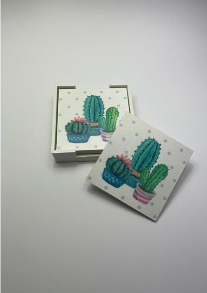 Ahşap Altlığı Seti (Kutulu - Kaktüs Desenli)