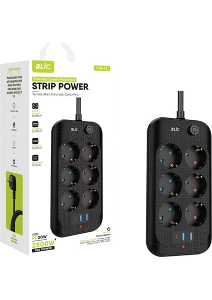 Akım Korumalı, 6&apos;lı Priz Soketi, 2x USB Girişli, 1x Type-C Girişi, Çocuk Korumalı Uzatma Kablosu (2mt Kablo)