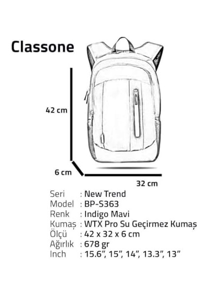 Classone BP-S363 New 15.6"uyumlu Notebook Çantası-Mavi modelleri