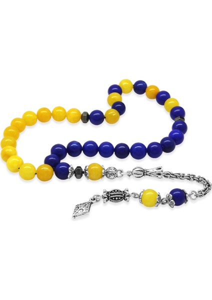 Kararmaz Metal Arnavut Zincir Püsküllü Küre Kesim Sarı Lacivert Jade Doğaltaş Taraftar Tesbih M2