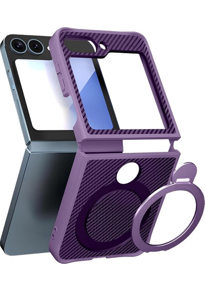 Karbon Fiber Materyal Stand Özellikli Lens Çerçeveli ve Sararmayan Güçlü Darbe Emici Premium Kılıf (Mor, Galaxy Z Flip 6)