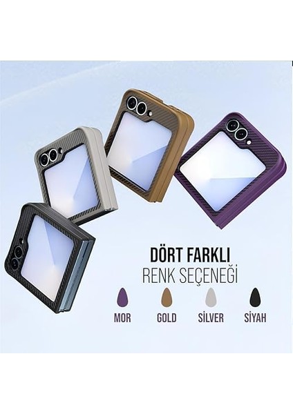 Karbon Fiber Materyal Stand Özellikli Lens Çerçeveli ve Sararmayan Güçlü Darbe Emici Premium Kılıf (Mor, Galaxy Z Flip 6) fiyatları