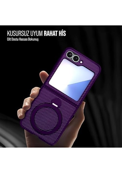 Karbon Fiber Materyal Stand Özellikli Lens Çerçeveli ve Sararmayan Güçlü Darbe Emici Premium Kılıf (Mor, Galaxy Z Flip 6) modelleri