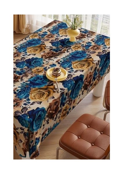 & Laurel Baskılı Yıkanabilir Masa Örtüsü Mutfak Bahçe Piknik Masa Örtüsü Mavi Ağırlıklı Çiçek Desenli (140X200) fiyatları