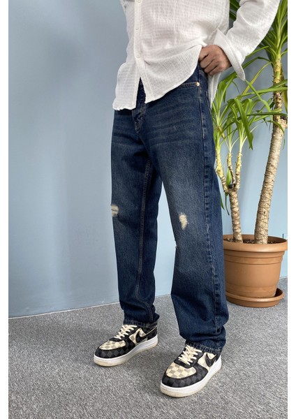 Lacivert Jean - Kot Pantolon Yırtık Detaylı Baggy Kalıp