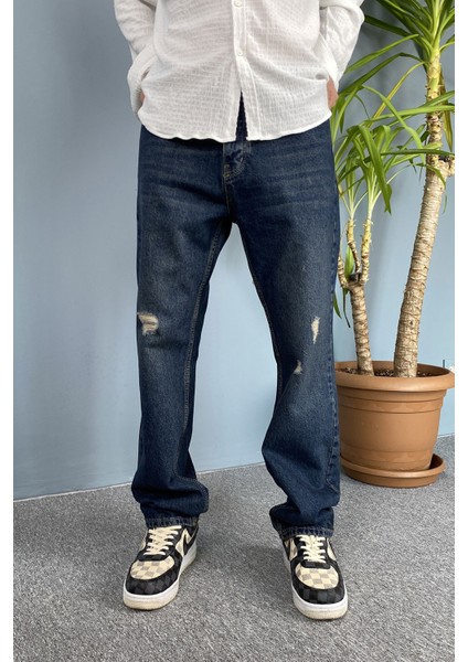 Lacivert Jean - Kot Pantolon Yırtık Detaylı Baggy Kalıp fırsatları