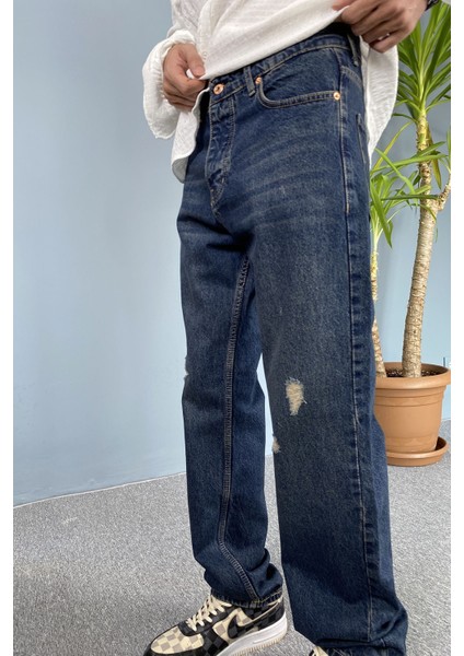 Lacivert Jean - Kot Pantolon Yırtık Detaylı Baggy Kalıp indirimleri