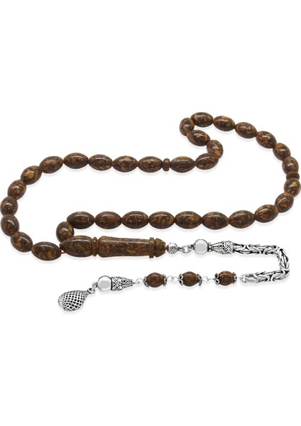 925 Ayar Gümüş Kral Zincir Püsküllü Arpa Kesim Kahverengi Kokulu Tarçın Ağacı Tesbih