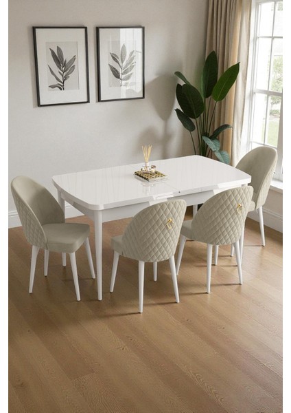 Mura Beyaz 80X132 Açılabilir Mdf Masa Yemek Odası Takımı, Mutfak Takımı 4 Adet Sandalye