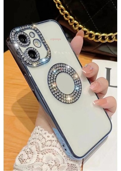 13 Pro Ile Uyumlu Taşlı Parlak Logo Açık Kadın Kılıf Kapak (Mavi)