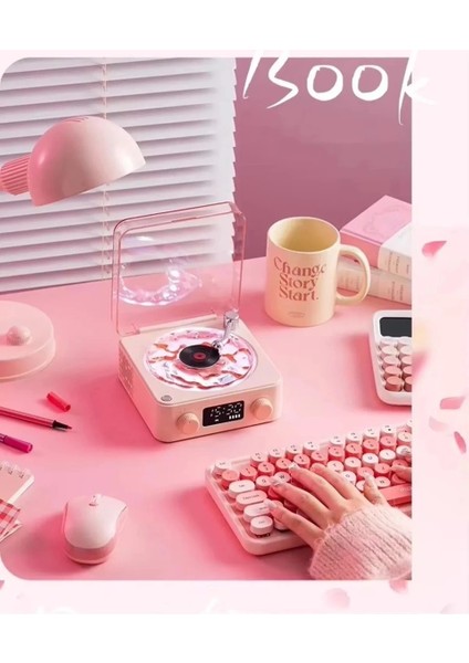 Waves Nostalji Plak Görünümlü Bluetooth Hoparlör 3D Ses Dalgası Retro Müzik Plak Pembe indirimleri