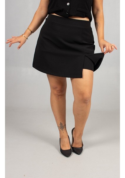 Büyük Beden Rahat Siyah Likralı Krep Etek Şort