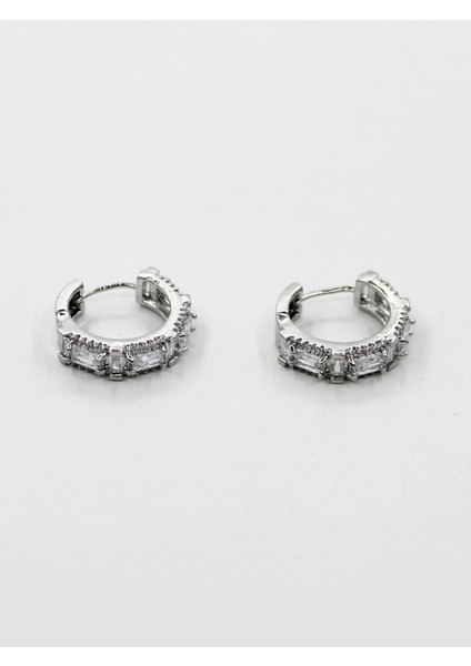 Lüks Baget ve Mikro Taşlı Gümüş Tonu Halka Küpe