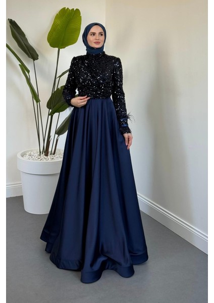 Samar Üst Pullu Drapeli Abiye Lacivert