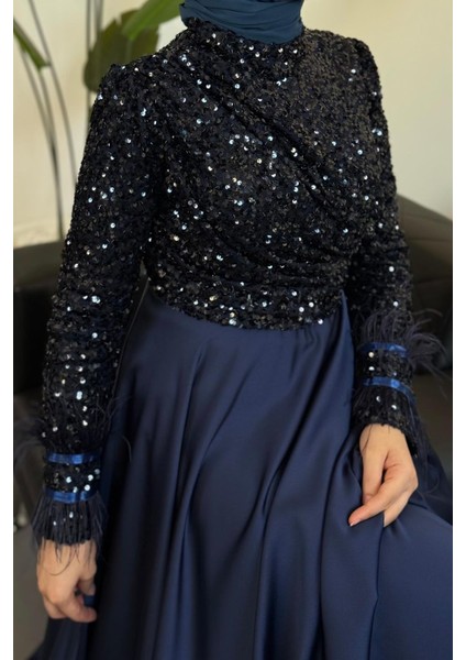 Samar Üst Pullu Drapeli Abiye Lacivert modelleri