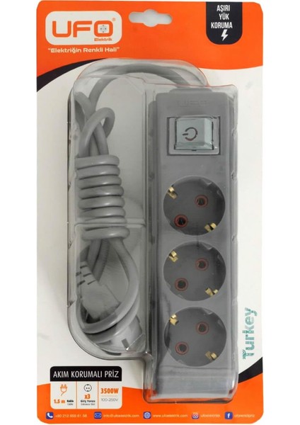 Ufo 3lü Akım Korumalı Priz 1,5 Metre Kablolu Grup Priz, Max 3500W Aşırı Yük Koruması 3lü Uzatma Kablosu Çoklu Priz