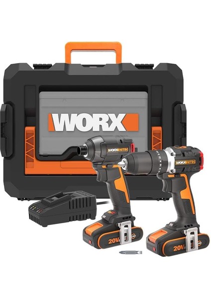 WX925 20VOLT/2.0AH Li-Ion Çift Akülü Kömürsüz Profesyonel Şarjlı Darbeli Matkap + WX265 Kömürsüz Darbeli Tornavida Kombo Set