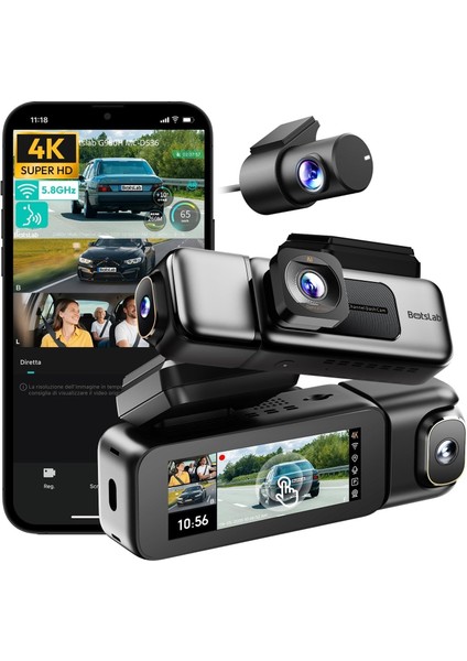 Ses Kontrolü, 3,18 Inç Dokunmatik Ekran, 2160P + 1080P + 1080P Ön ve Arka Iç Döngü Kaydı, 5,8 Ghz Wifi, S, Gece Görüşü, Wdr, Modu ile 4K 3 Kanallı Araç Kamerası 128 GB Hafıza Kartlı