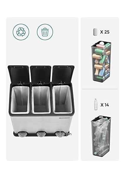 54 Litre Pedallı Mutfak Çöp Kovası, 3 Bölmeli, Iç Kovalar, Atık Ayırma Için 6 Etiket, Atık Ayırma Sistemi, Gümüş-Siyah LTB54L modelleri