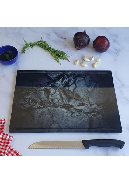 Kanallı Cam Kesme Tahtası - Cam Kesme Tablası | ( Taş Desen, 25CM x 35CM)