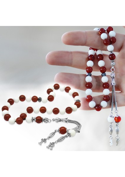 Kararmaz Metal Isme Özel Harf Püsküllü Küre Kesim Kırmızı Beyaz Jade Akik Doğaltaş Taraftar Tesbih fiyatları