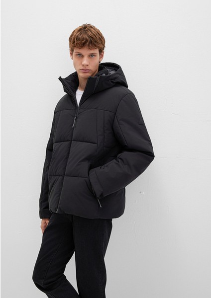 Su İtici Kapüşonlu Siyah Şişme Mont 0110675-71379