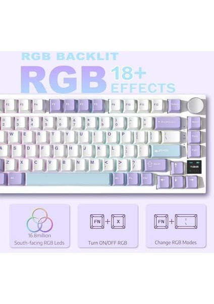 AK820PRO 75% Tkl Mekanik Oyun Klavyesi,2.4g Kablosuz/bt5.1/usb-C Kablolu,tft Renkli Ekran ve Cnc Düğmeli 81 Tuş,rgb Aydınlatma-Mor Beyaz modelleri