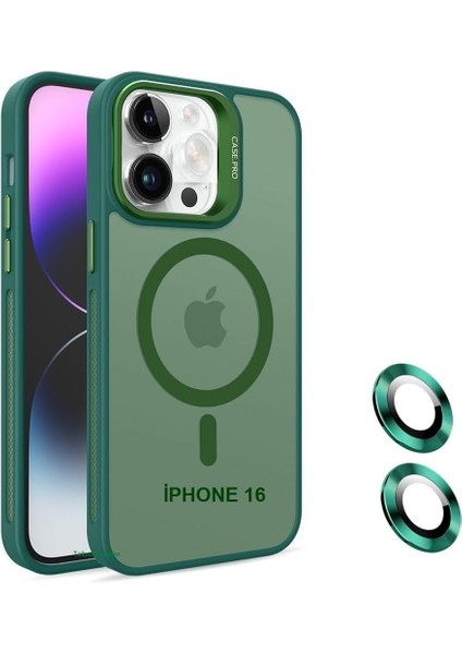 16 Kamera Korumalı Standlı Kılıf ile Uyumlu Açılır Kamera Standlı Manyetik iphone 16 Kılıf Lens Korumalı Set Darbeye Karşı Korur iphone 16 Lens (Yeşil)