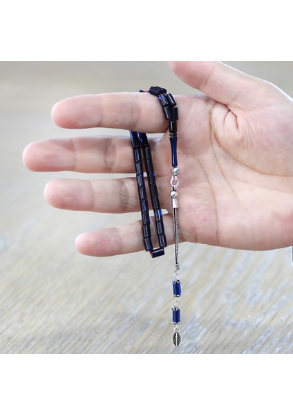 Sıkma Kehribar Tesbih - 925 Ayar Gümüş Püsküllü - Mini Boy - Mavi Siyah Renk - Kesme Kesim modelleri