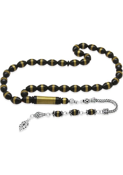 925 Ayar Gümüş Püsküllü Pirinç Sarmal Arpa Kesim Siyah Kuka Tesbih fiyatları