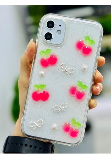 Go Aksesuar 11 ile Uyumlu Inci Kiraz Tasarımlı Oyuncaklı Esnek Silikon Kılıf