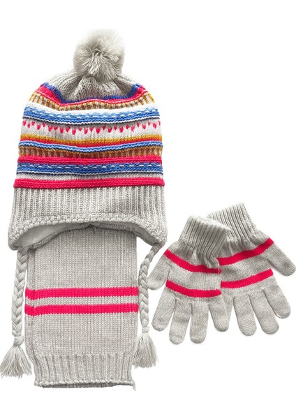 Kız Çocuk 8-12 Yaş Renkli Atkı Bere Eldiven Seti – Bere Içi Polarlı