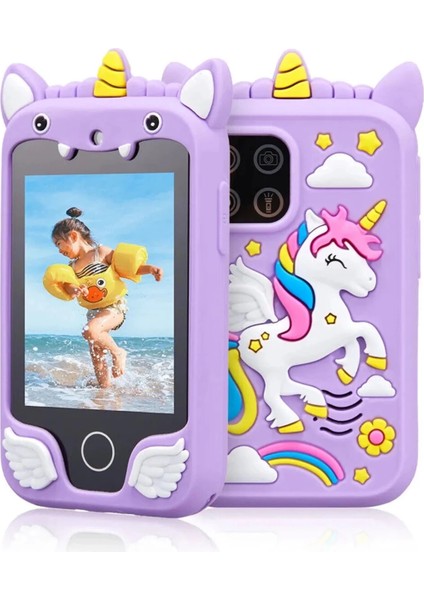 Çocuklar Için Eğitici Telefon Dokunmatik Ekran Çift Kameralı Fenerli Müzik Çalar Oyun Video Mor