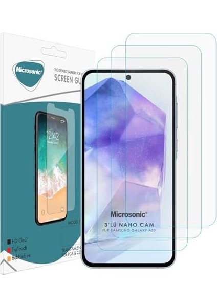 A55 Screen Protector Glass Cam Ekran (3`lü Paket) [ A55 ile Uyumlu Ekran - Şeffaf] modelleri