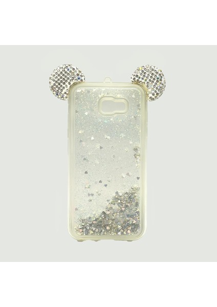 Galaxy A7 2017 Uyumlu Sıvılı Taşlı Micky Kulaklı Silikon Kılıf (Gümüş Rengi)