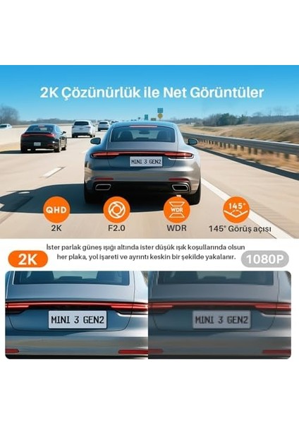 Mini 3 Gen2 2k 1296P Wifi 145° Geniş Açı Gece Görüşlü 32GB Hafıza Kartlı Akıllı Araç Kamerası fiyatları