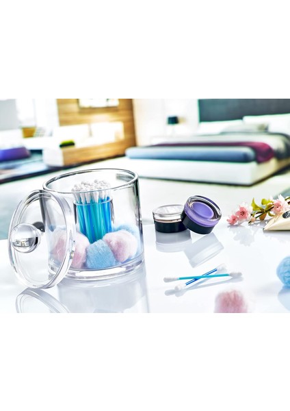 Akrilik Yuvarlak Pamuk ve Kulak Çubuğu Organzeri, Şeffaf Pamukluk, Şeffaf Kulak Çubuğu Kutusu, Yuvarlak Makyaj Organizere