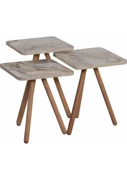 Üçlü Zigon Sehpa Ahşap Ayaklı Kare Tasarım Krem Mermer Desenli